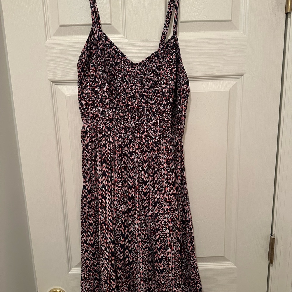 Navy Blue and Pink/Coral Torrid Smocked Sweetheart Dress - size 1